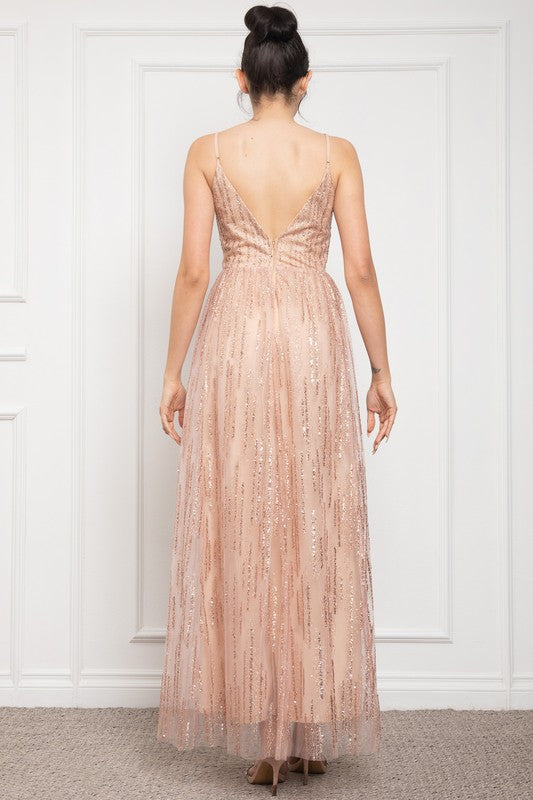 DEEP V NECK SPAGHETTI STRAP GLITTER MAXI COCKTAIL DRESS
