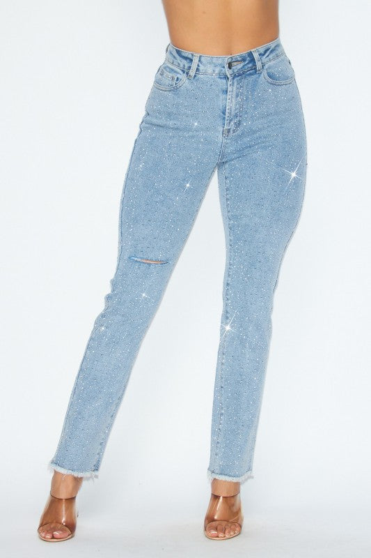 SPARKS RHINESTONE DISTRESSED HIGH RISE DENIM PANTS