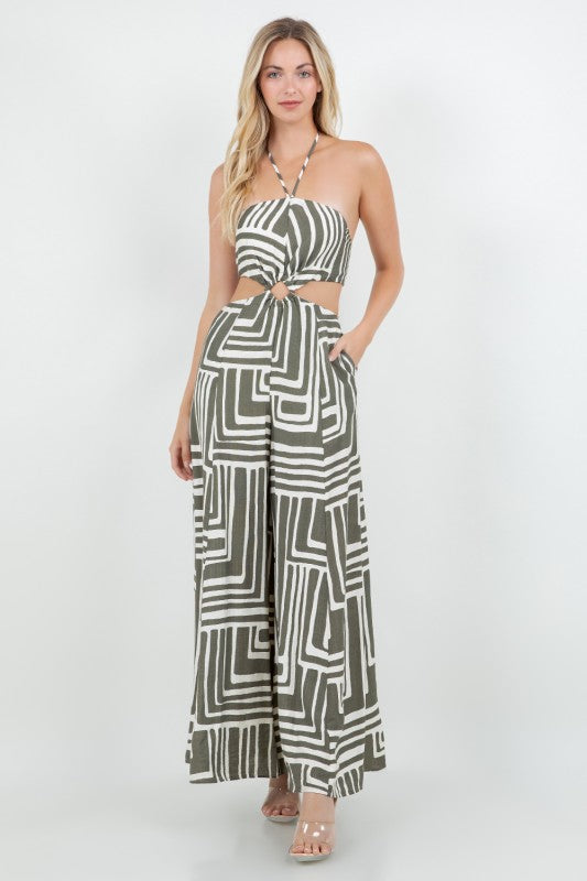 PRINTED HALTER NECK W OPEN BACK CUT OUT JUMPSUIT