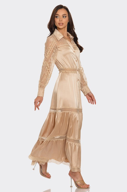 LACE TRIMMED SATIN MAXI DRESS