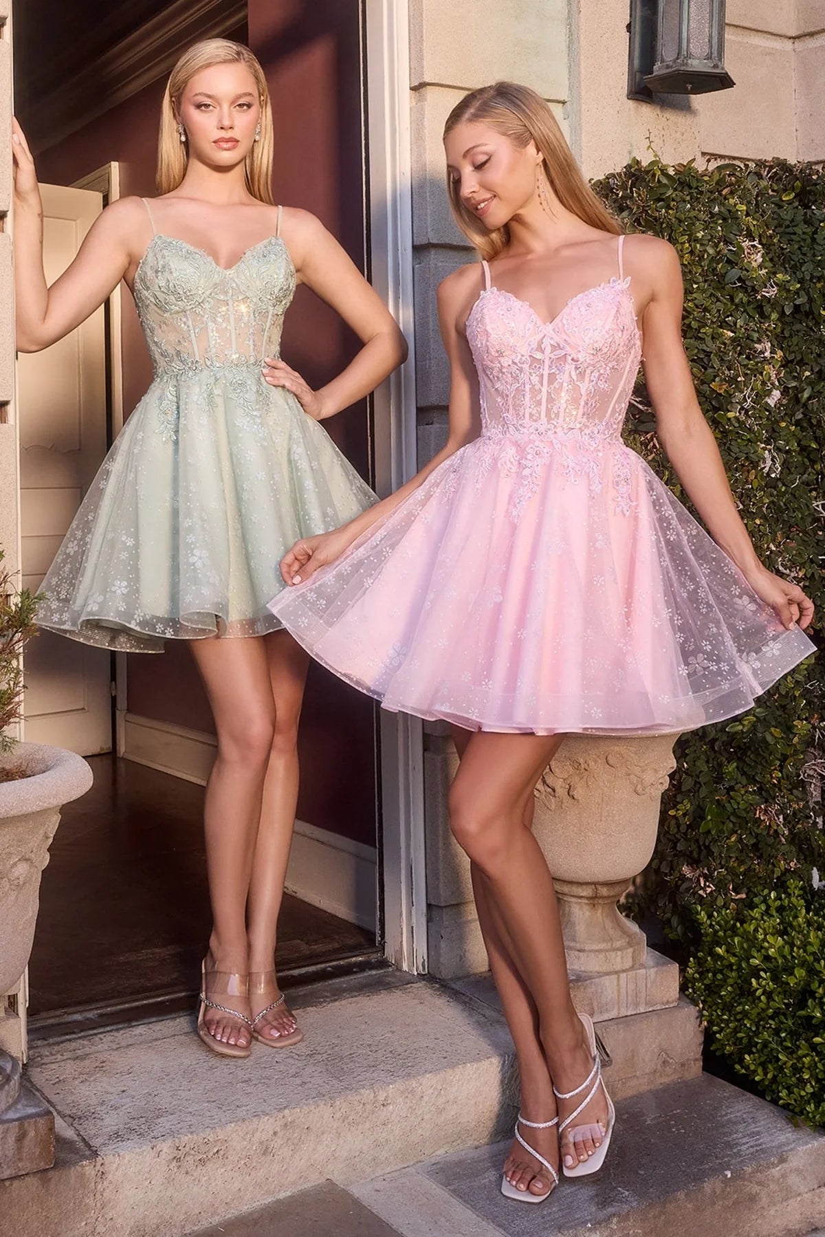 SWEETHEART SPAGHETTI STRAP MINI COCKTAIL DRESS WITH FLORAL EMBROIDERY