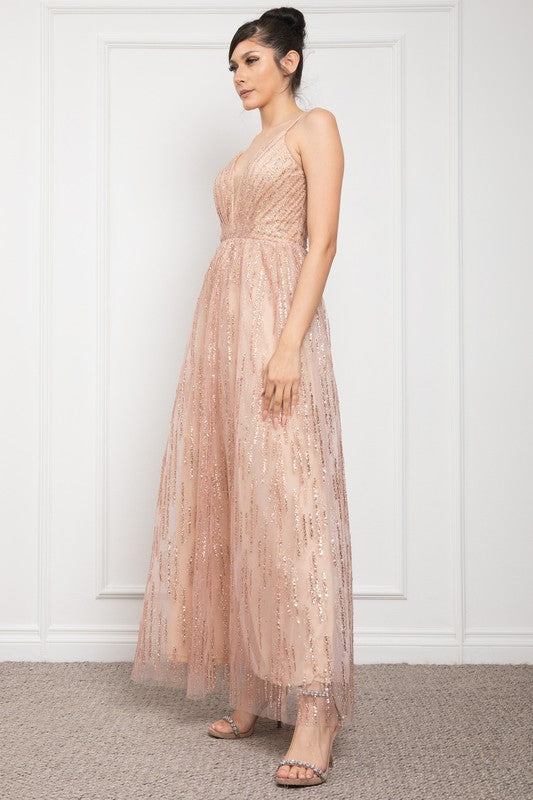 DEEP V NECK SPAGHETTI STRAP GLITTER MAXI COCKTAIL DRESS