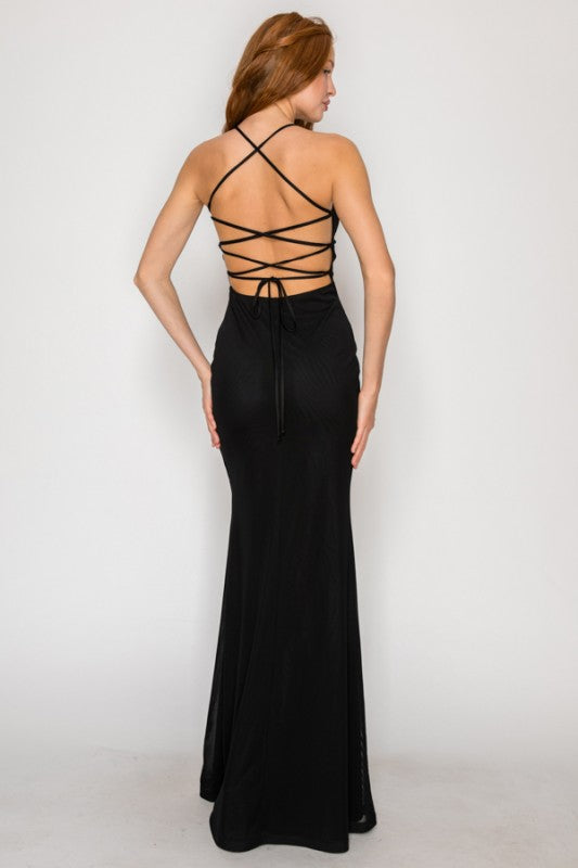 SOLID PREMIUM MESH BODYCON MAXI COCKTAIL DRESS