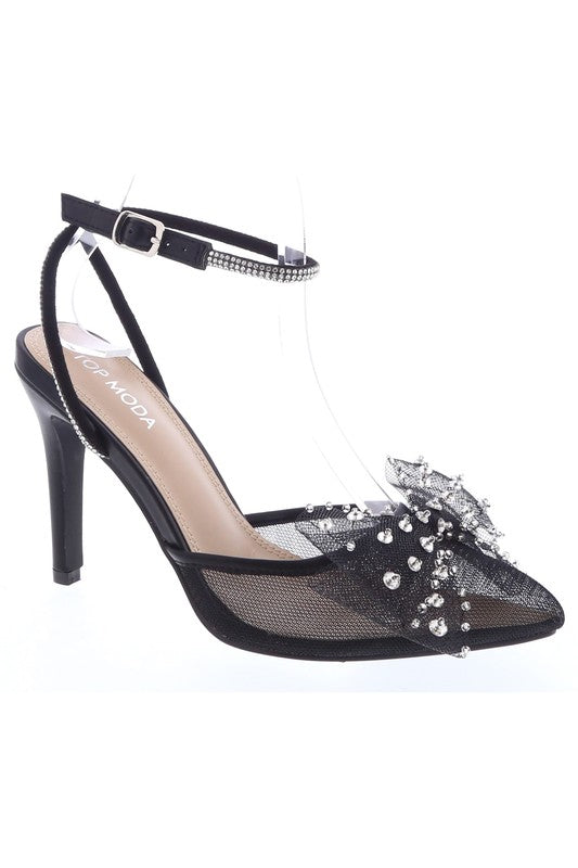WOMEN RHINESTONE MESH BOWTIE DRESS HEELS