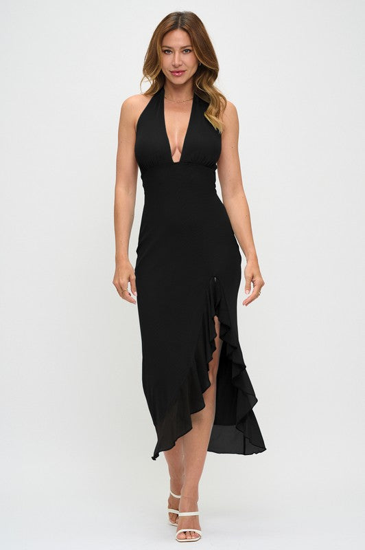 PLUNGING HALTER RUFFLE SLIT MAXI DRESS