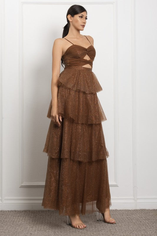 SPAGHETTI STRAP FRONT KEY HOLE DETAIL TIERED MAXI COCKTAIL DRESS