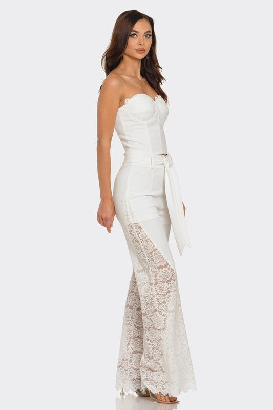 STRAPLESS CORSET WITH WIDE LEG LACE PANTS SET