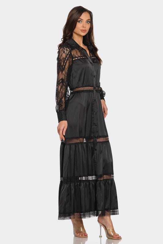 LACE TRIMMED SATIN MAXI DRESS