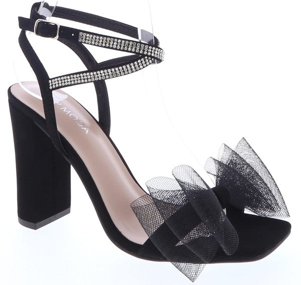 ANKLE STRAP BLOCK HEEL SANDAL WITH MESH BOW