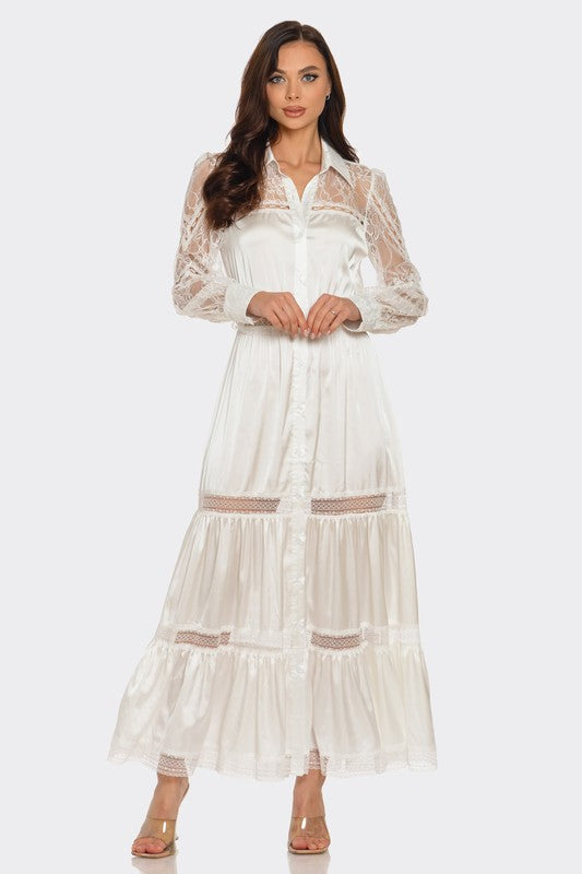 LACE TRIMMED SATIN MAXI DRESS
