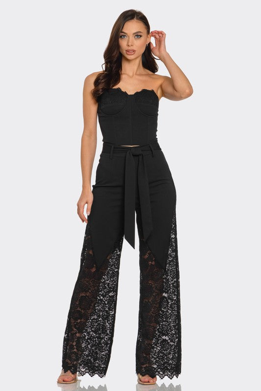STRAPLESS CORSET WITH WIDE LEG LACE PANTS SET