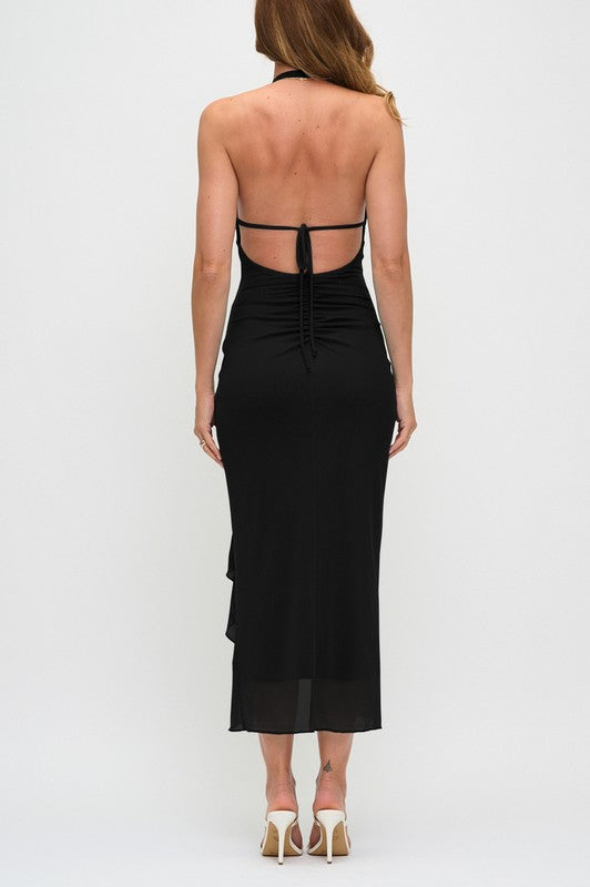 PLUNGING HALTER RUFFLE SLIT MAXI DRESS