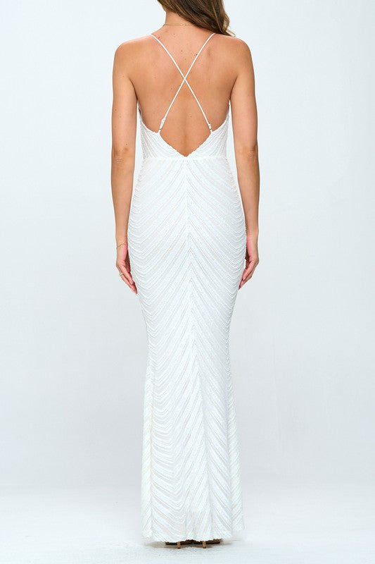 SEQUIN X CROSSBACK MERMAID MAXI COCKTAIL DRESS
