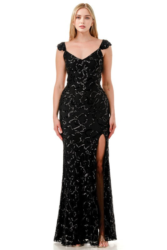 SEQUIN RIBBON RUFFLED MERMAID MAXI DRESS