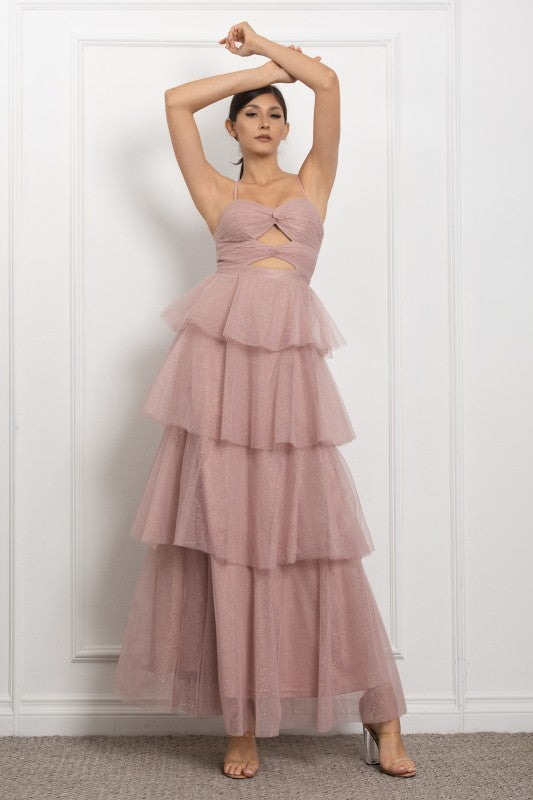SPAGHETTI STRAP FRONT KEY HOLE DETAIL TIERED MAXI COCKTAIL DRESS