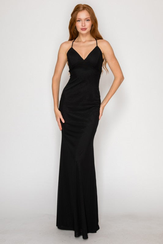 SOLID PREMIUM MESH BODYCON MAXI COCKTAIL DRESS