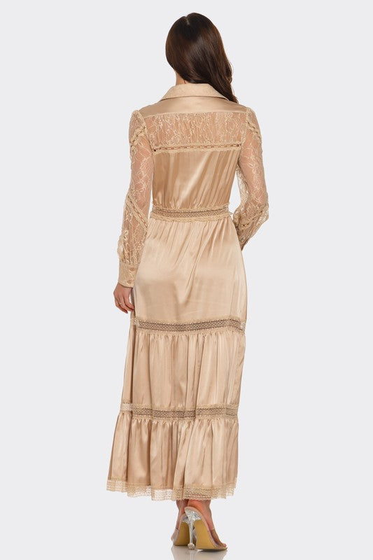 LACE TRIMMED SATIN MAXI DRESS