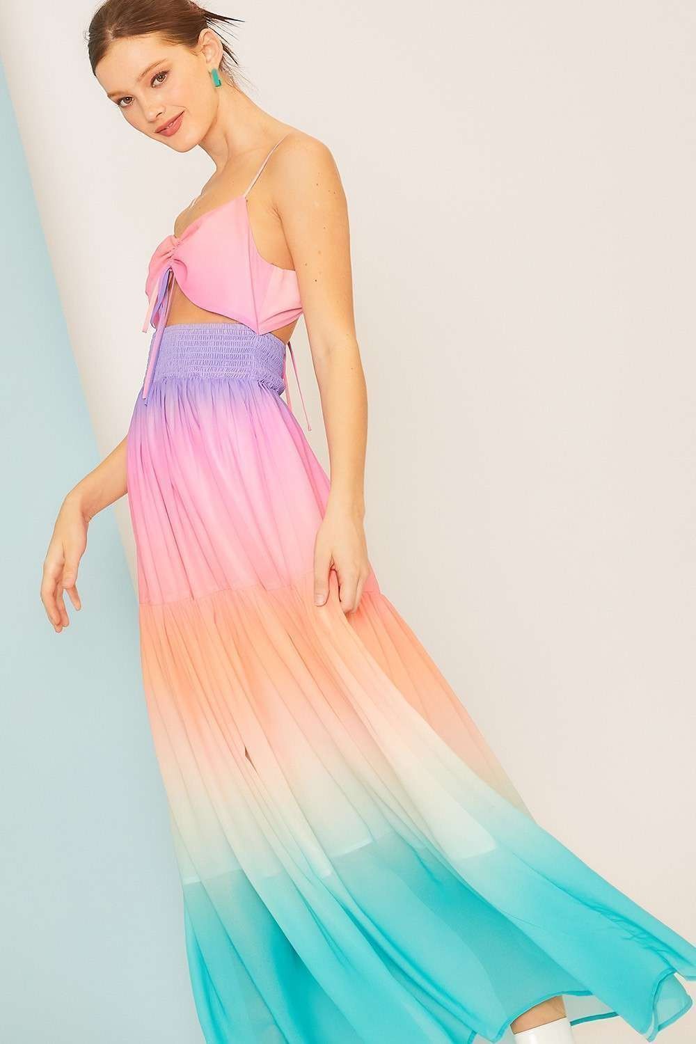 Tie Waist Smoking Ombre Print Summer Maxi Dress