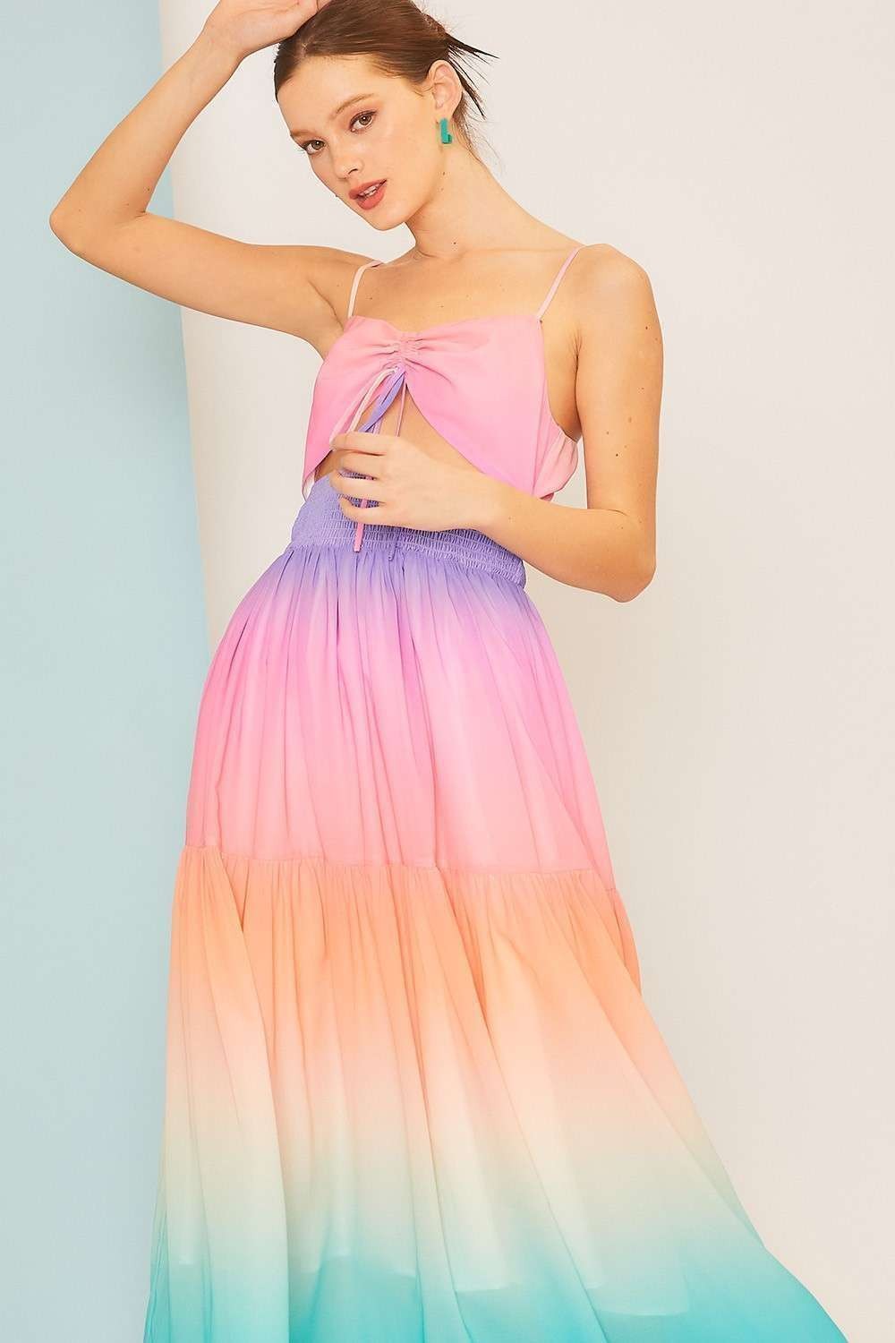 Tie Waist Smoking Ombre Print Summer Maxi Dress