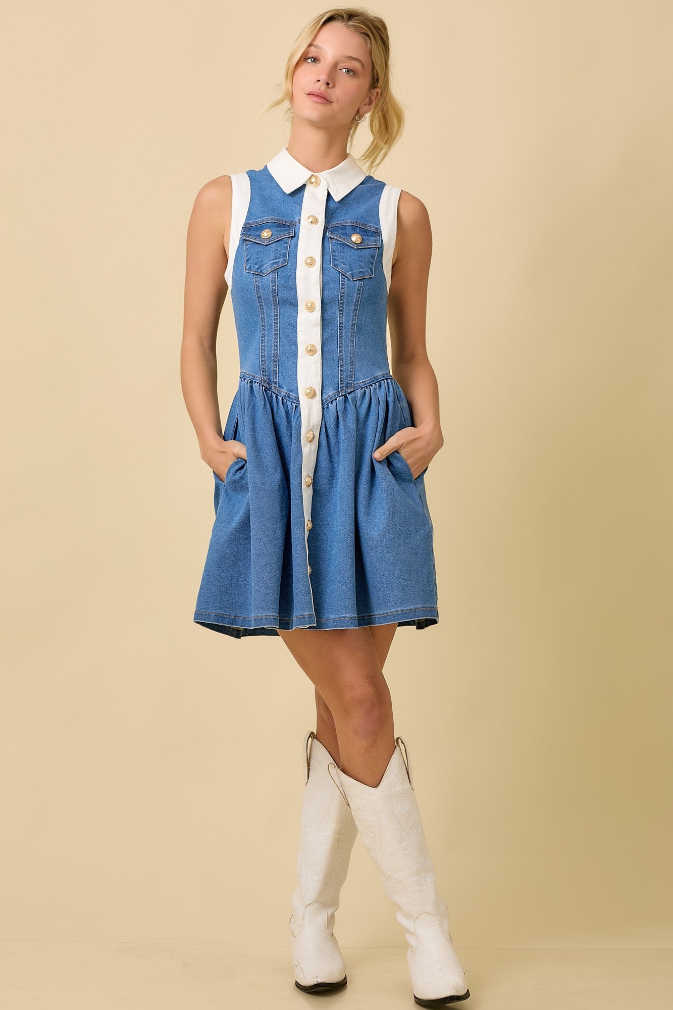 Collar Button Down Low Waist Denim Mini Dress