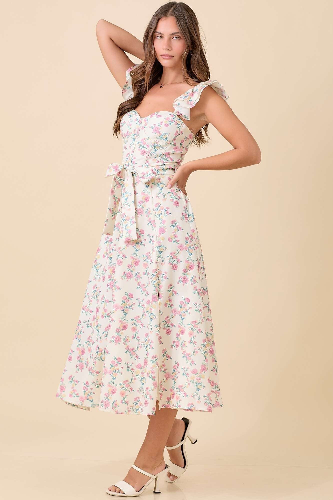 Floral Printed Ruffle Sleeve Summer Midi Dress