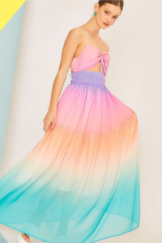 Tie Waist Smoking Ombre Print Summer Maxi Dress