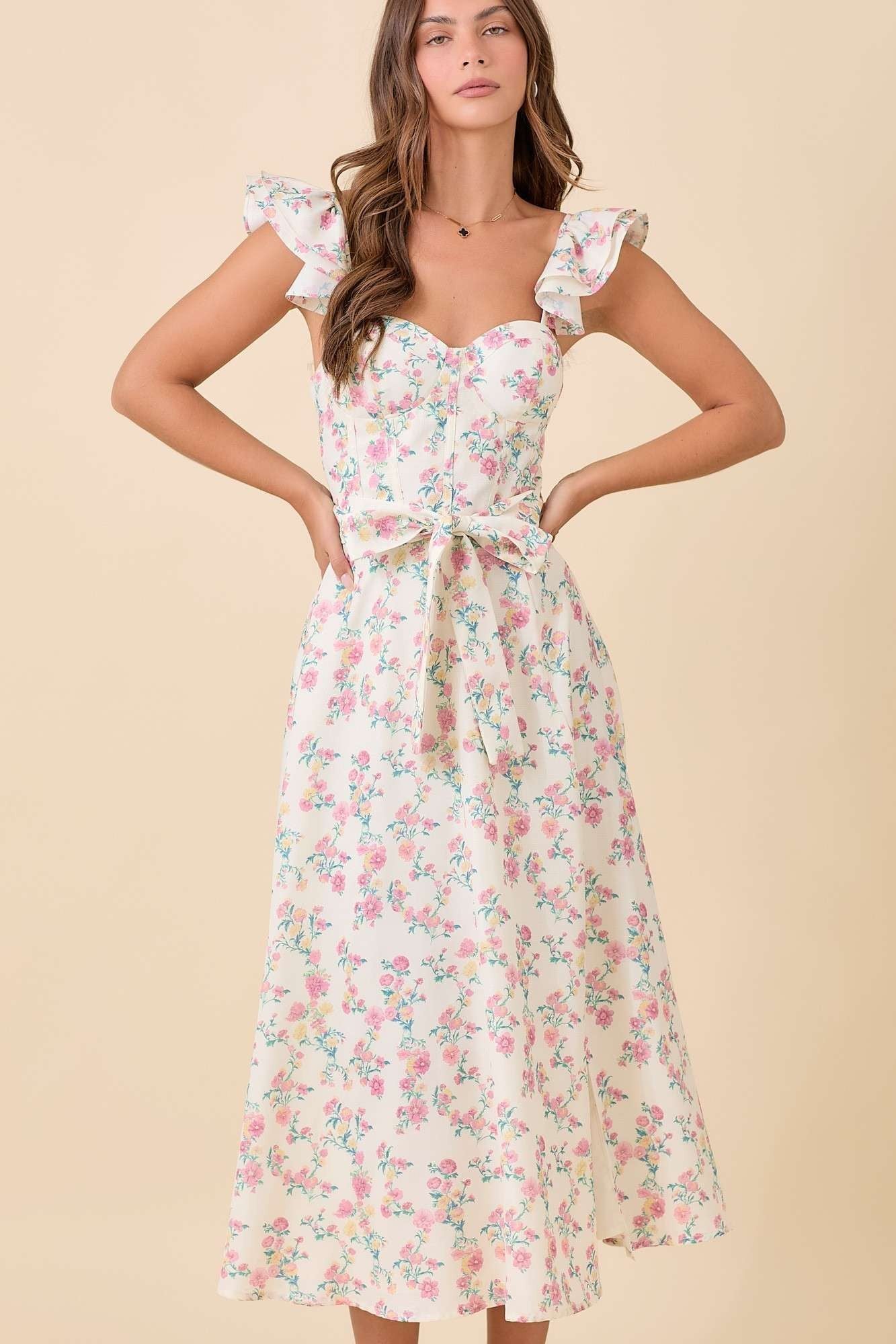 Floral Printed Ruffle Sleeve Summer Midi Dress